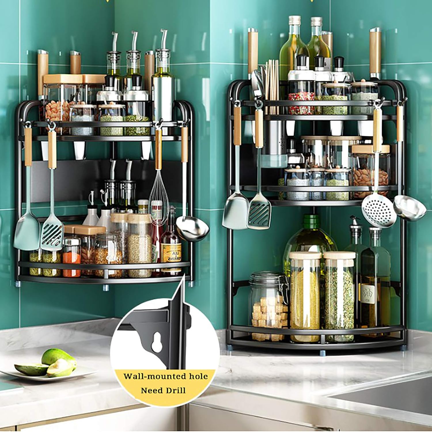 Stainless Steel Multi-Tier Spice Rack Large Capacity Bathroom Shelf Wall Mounted and Countertop Bathroom Organizer,Black Corner Kitchen Shelf-B1-24cm 3 Floors