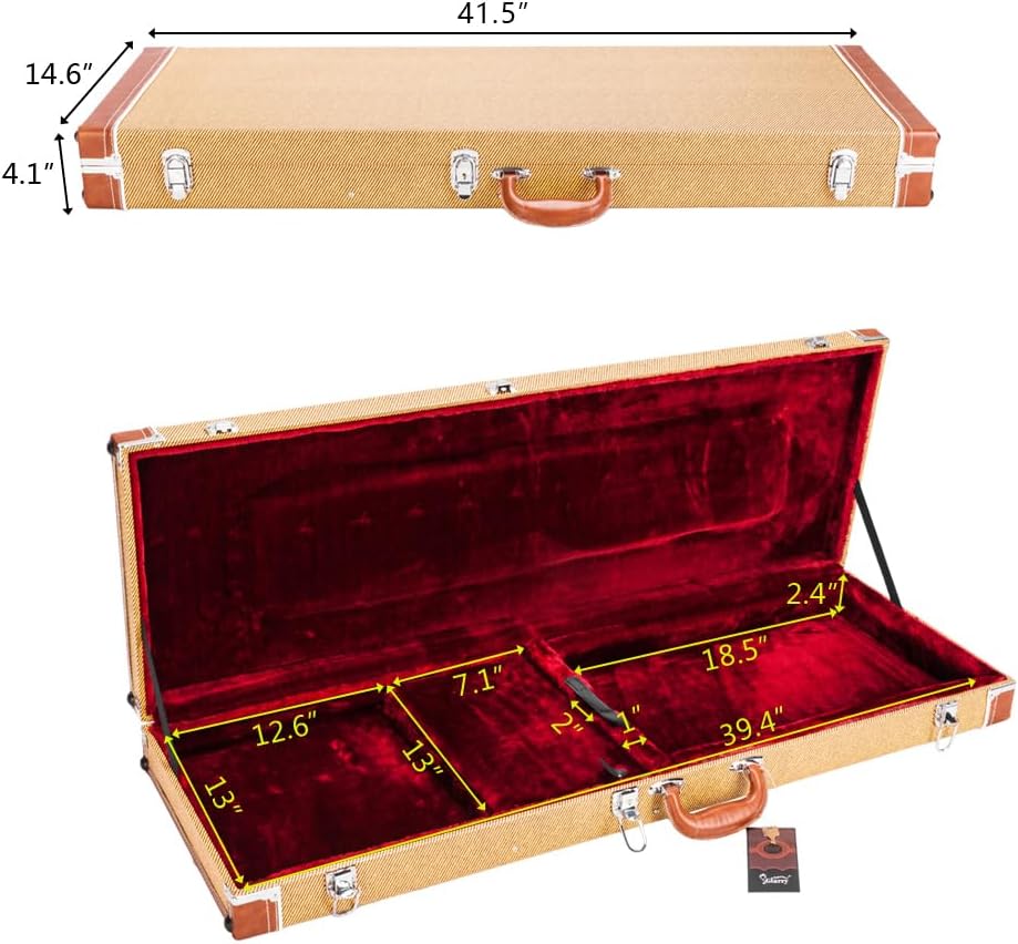 Electric Guitar Hard Case, Yellow Square Wooden Case with Lock and Plush Interior for 39-Inch Guitars