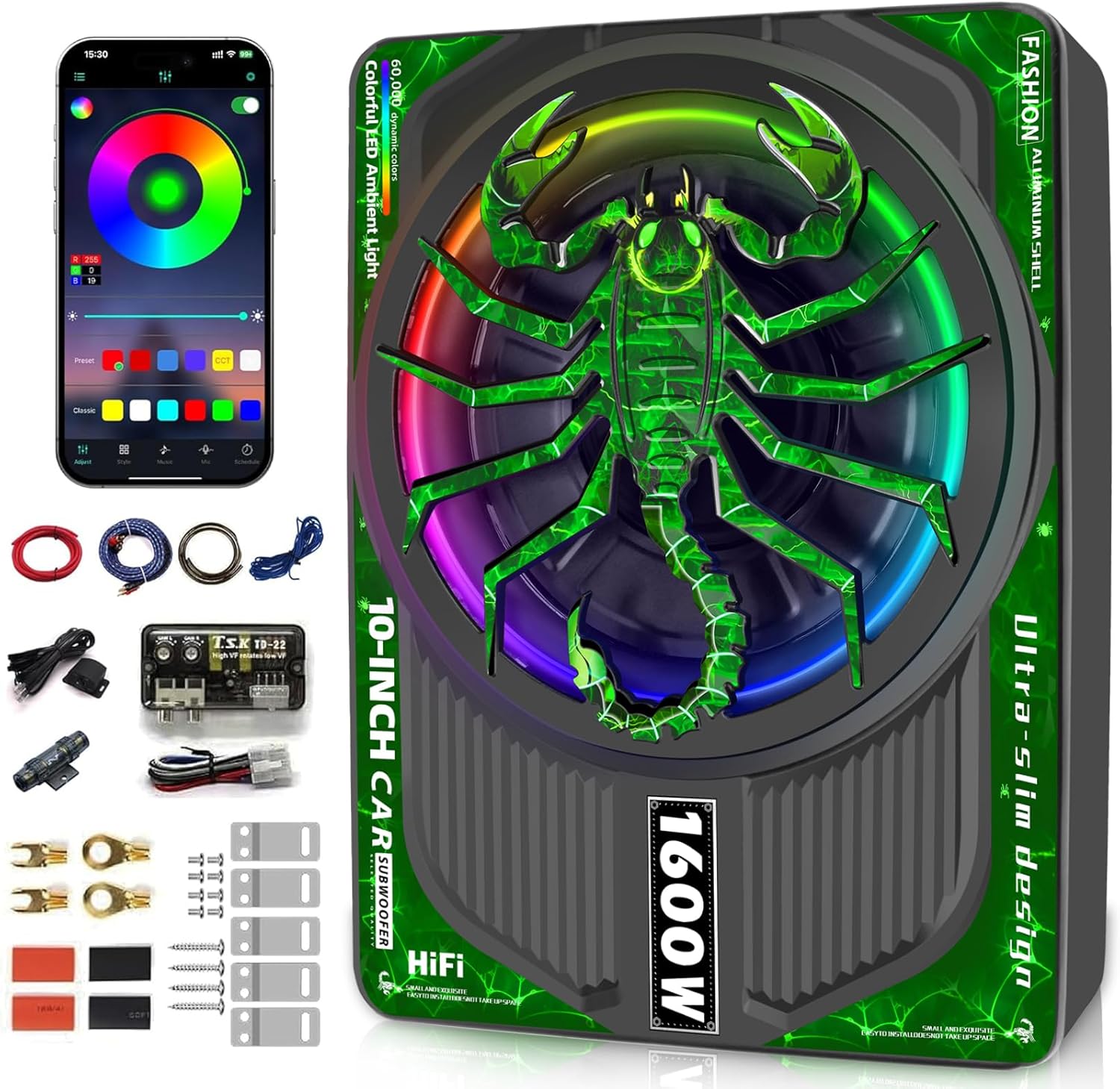 1600W Slim Underseat Subwoofer with Built-in Amplifier, RGB Beat-Synced Light, Adjustable Low Pass/Gain/Bass Boost, Deep Bass All-in-One Subwoofer and Amp Package for Car/Truck/SUV/Jeep