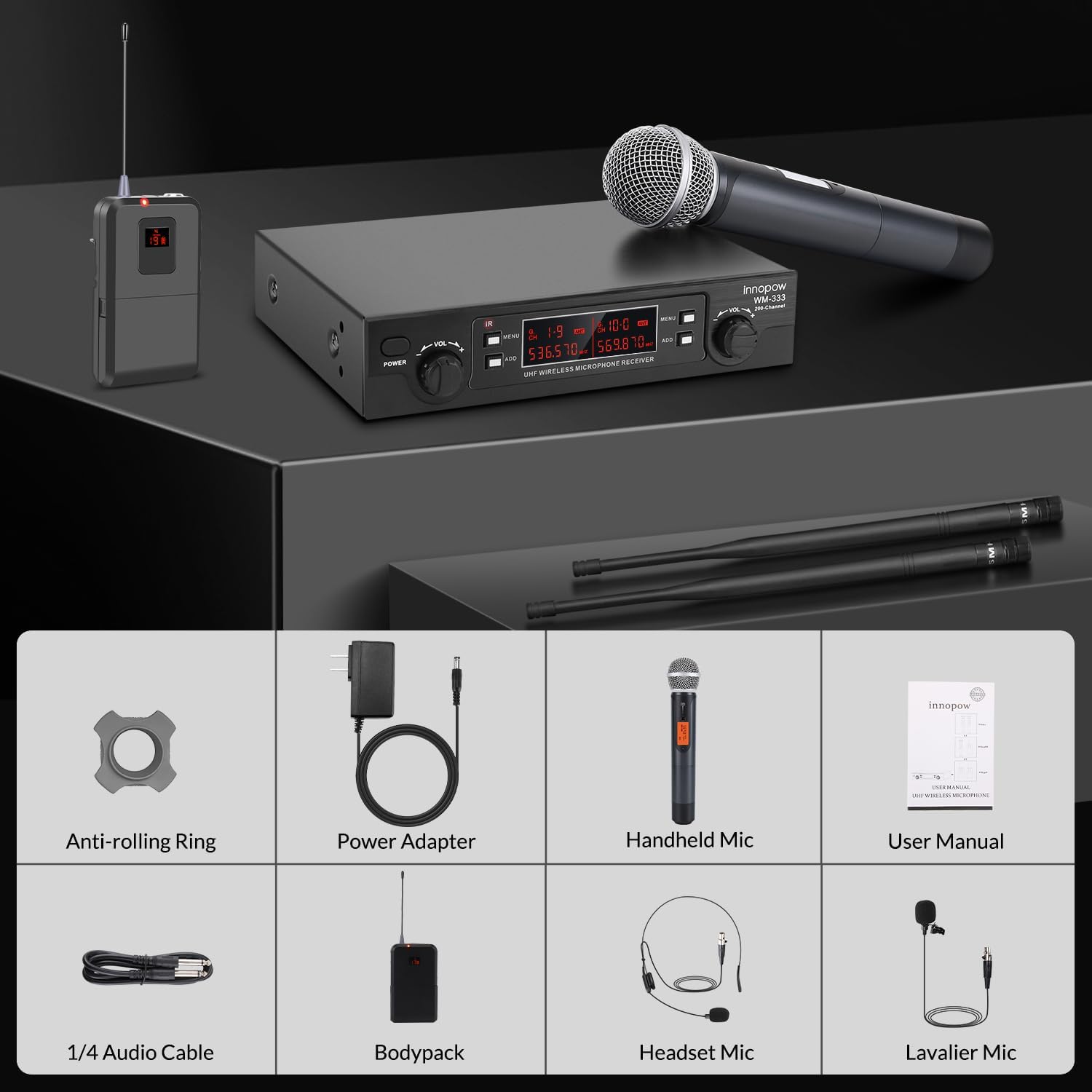 200-Channel Wireless Microphones System, Wireless Lavalier Microphone, Dual UHF Bodypack Cordless Lavalier Mic System Set, Auto Scan, Long Range 200-240Ft, 16 Hours Ideal for Church (Black)