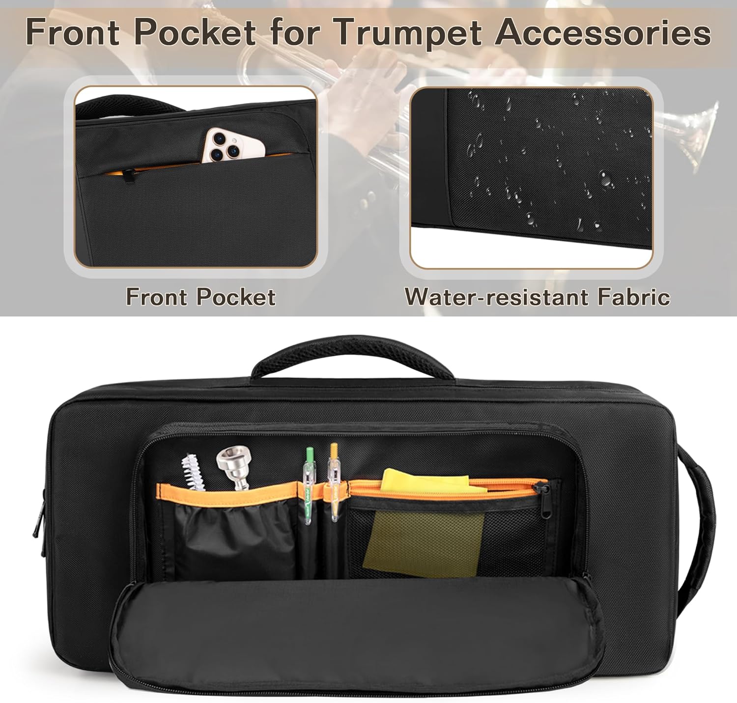 Trumpet Case Backpack, Musical Instrument Storage Carrying Bags with Thick Cotton Liner, Separate Pocket for 2 Mutes, 2 Carrying Ways, Black