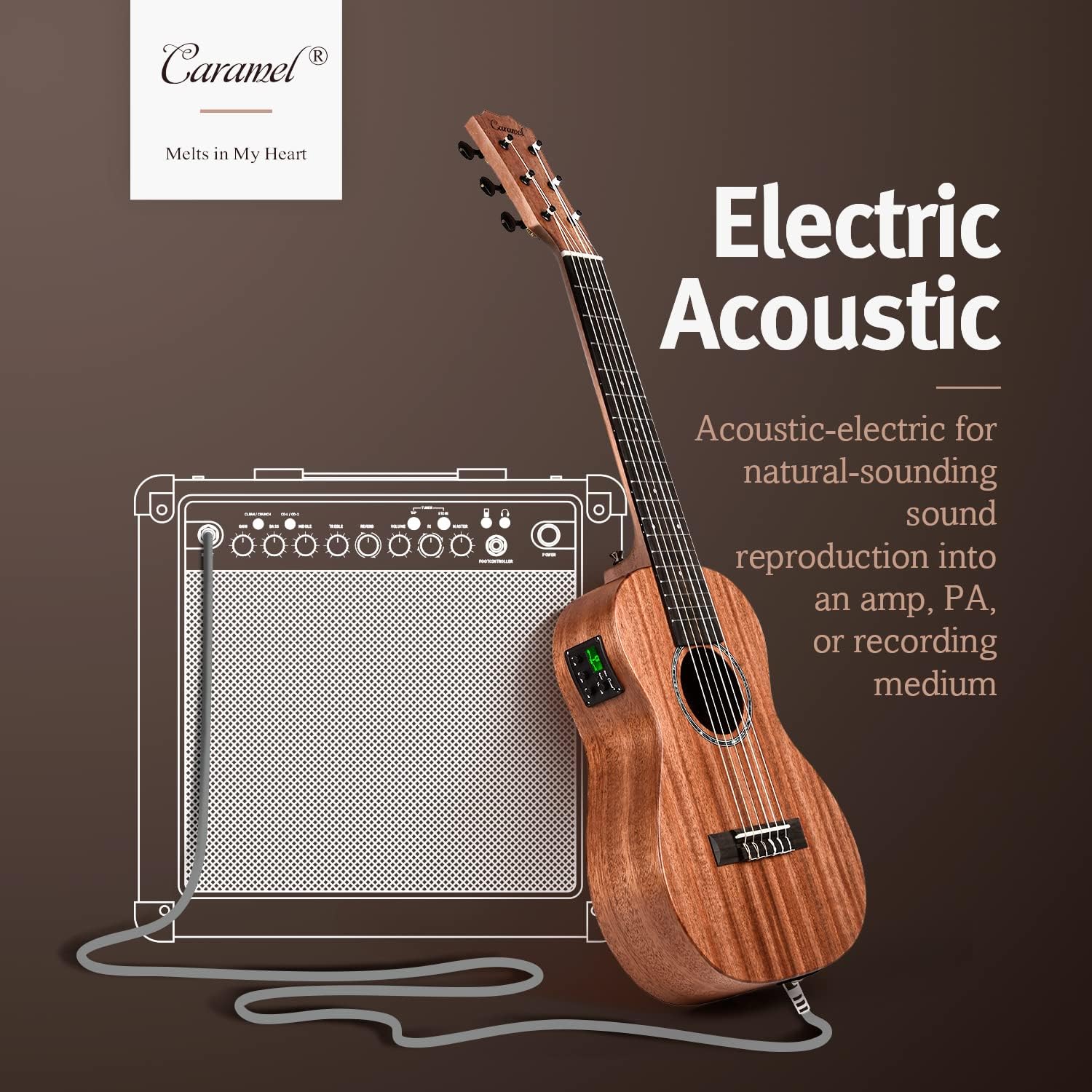 Caramel 30 inch All Solid Mahogany 6 String Ukulele Guitalele Wooden LCD color display Electric Guitalele Kit Small Hawaiian Beginner Guitar Starter Pack Bundle Gig bag, Strap,Strings Set