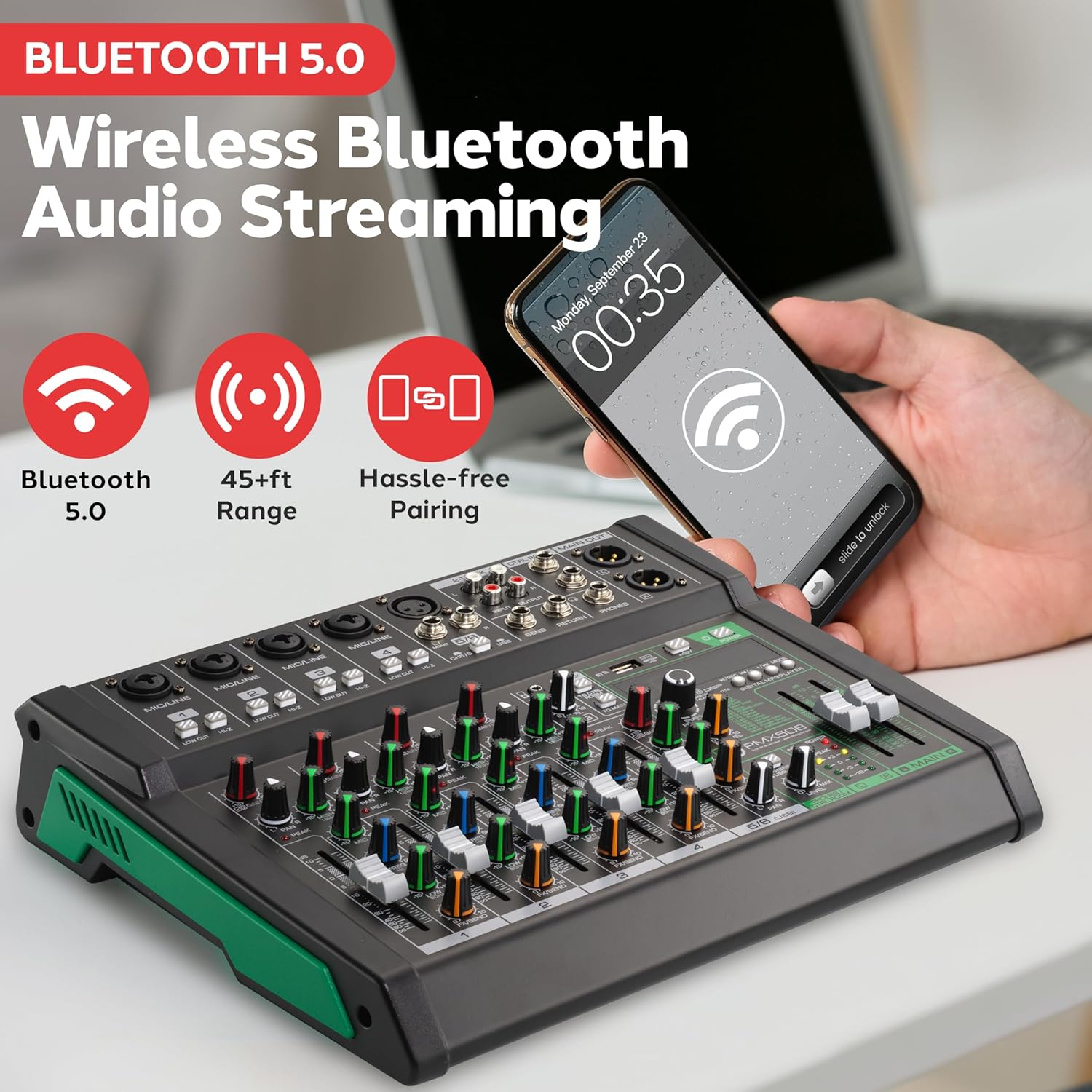 Pyle 8-Channel Audio Mixer, Bluetooth Studio Mixer/DJ Controller with Digital Effects, USB Interface, MP3 Compatible, XLR Inputs and LED Display, Audio Mixing Sound board System 10”x11”x3” inches