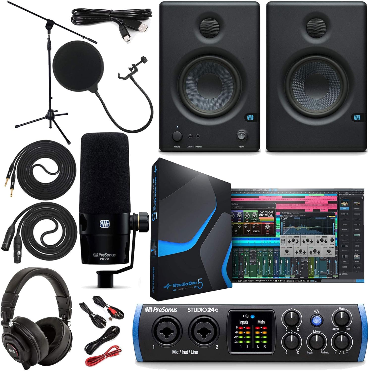 PreSonus Studio 24c 2x2 USB Type-C Audio/MIDI Interface with Studio One 5 Artist Software Pack w/Eris 4.5 Pair Studio Monitors and PreSonus PD-70 Vocal Dynamic Microphone with XLR Cable