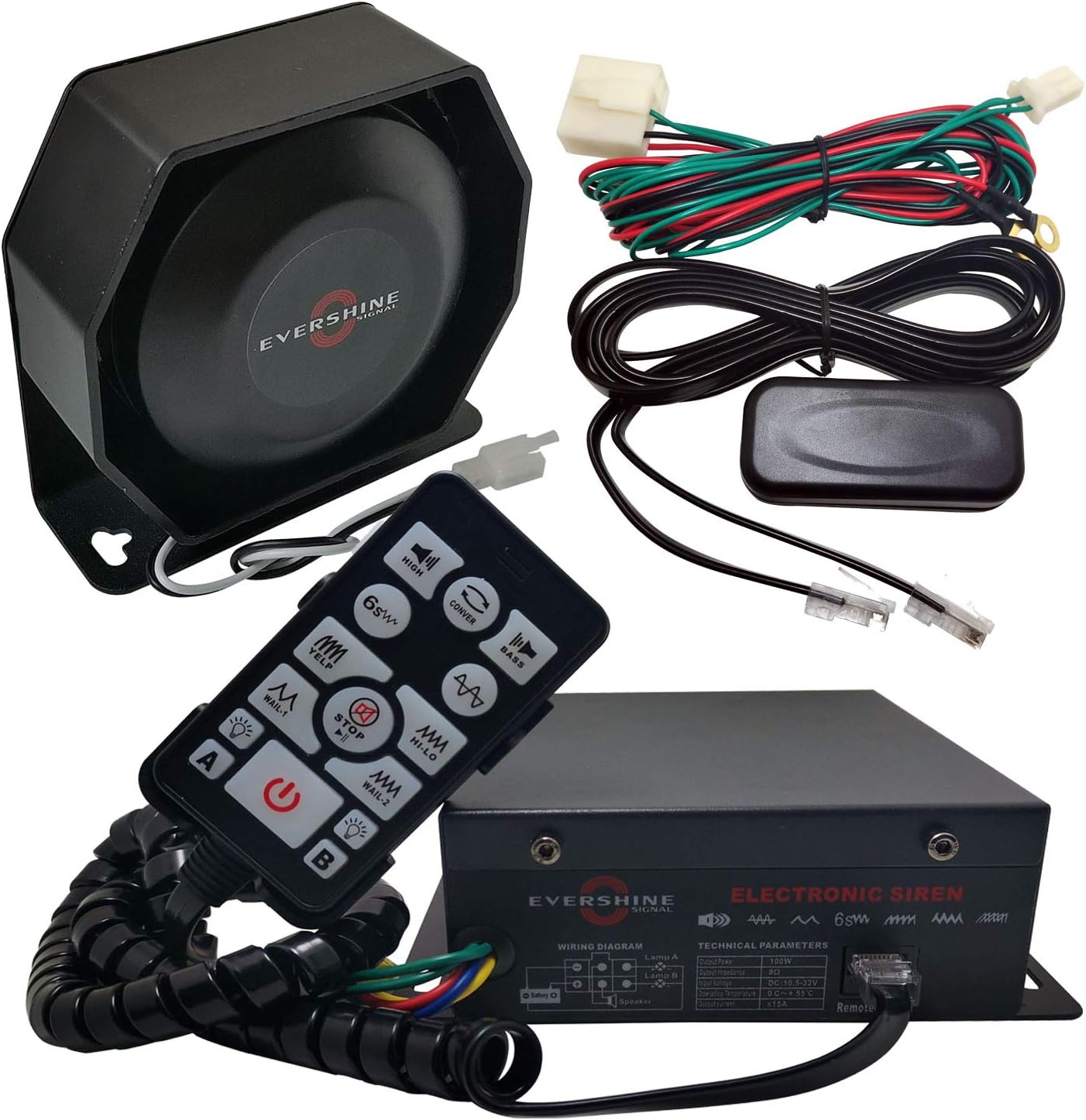 12V/24V 100W Police Siren PA System Kit with Plug-to-Work Wirings Slim Speaker Handheld Microphone Warning Emergency Sirens for Vehicles Tow Truck UTV ATV Van Car POV RV