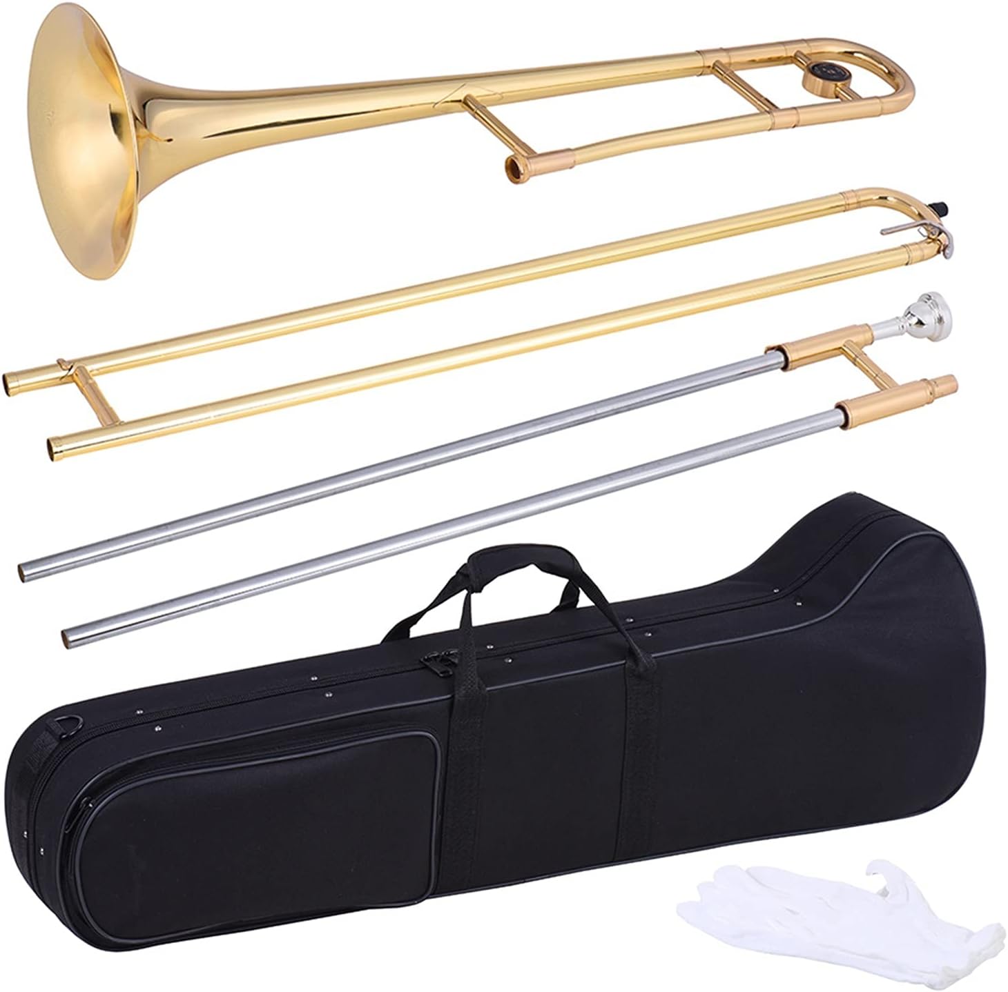 Student Trombone Alto Trombone Brass Gold Lacquer Bb Tone B Flat Wind Instrument with Cupronickel Mouthpiece Cleaning Stick Case Trombone Kit