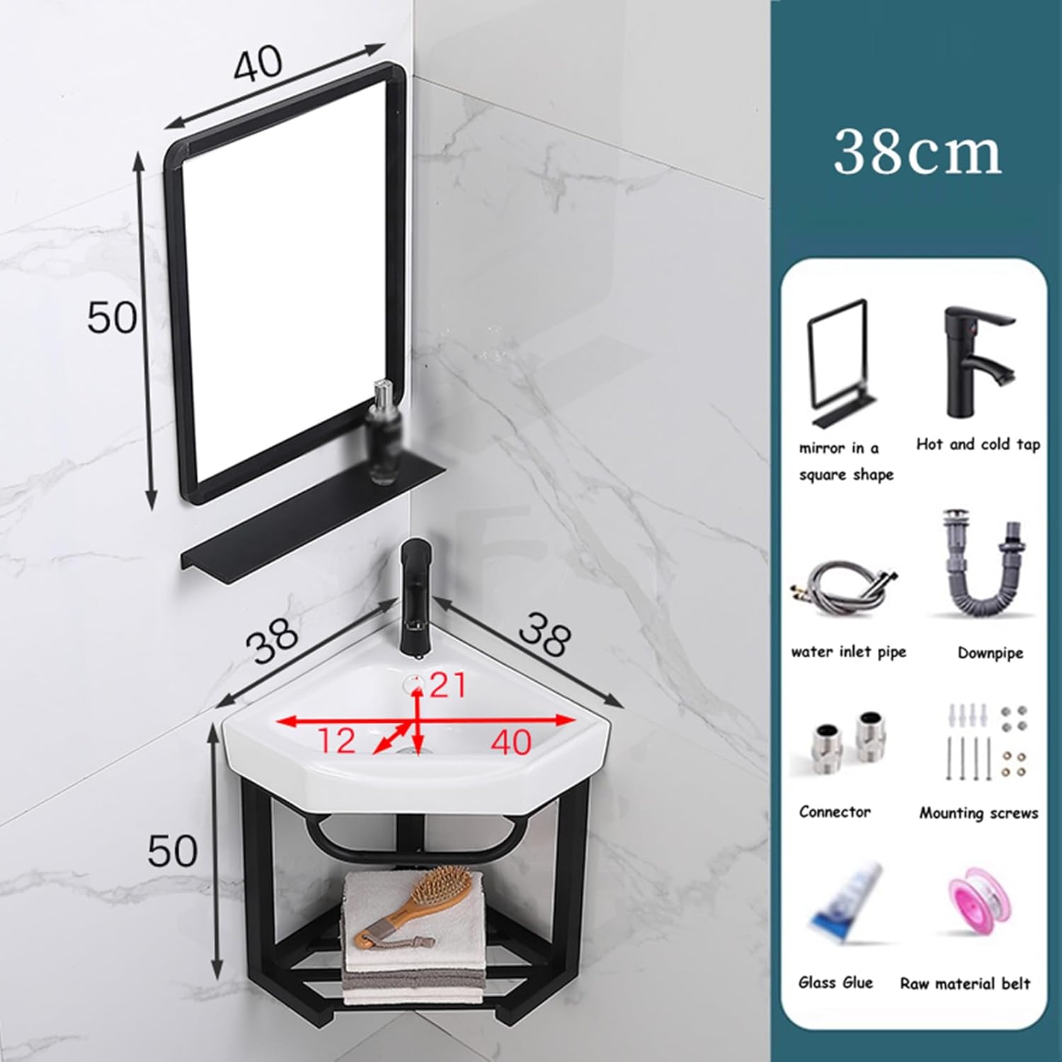 Corner Wall Mount Bathroom Sink, Wall Mounted Bathroom Sink, Bathroom Sink with Towel Rack,Without mirror-42x42cm,with Mirror-38x38cm