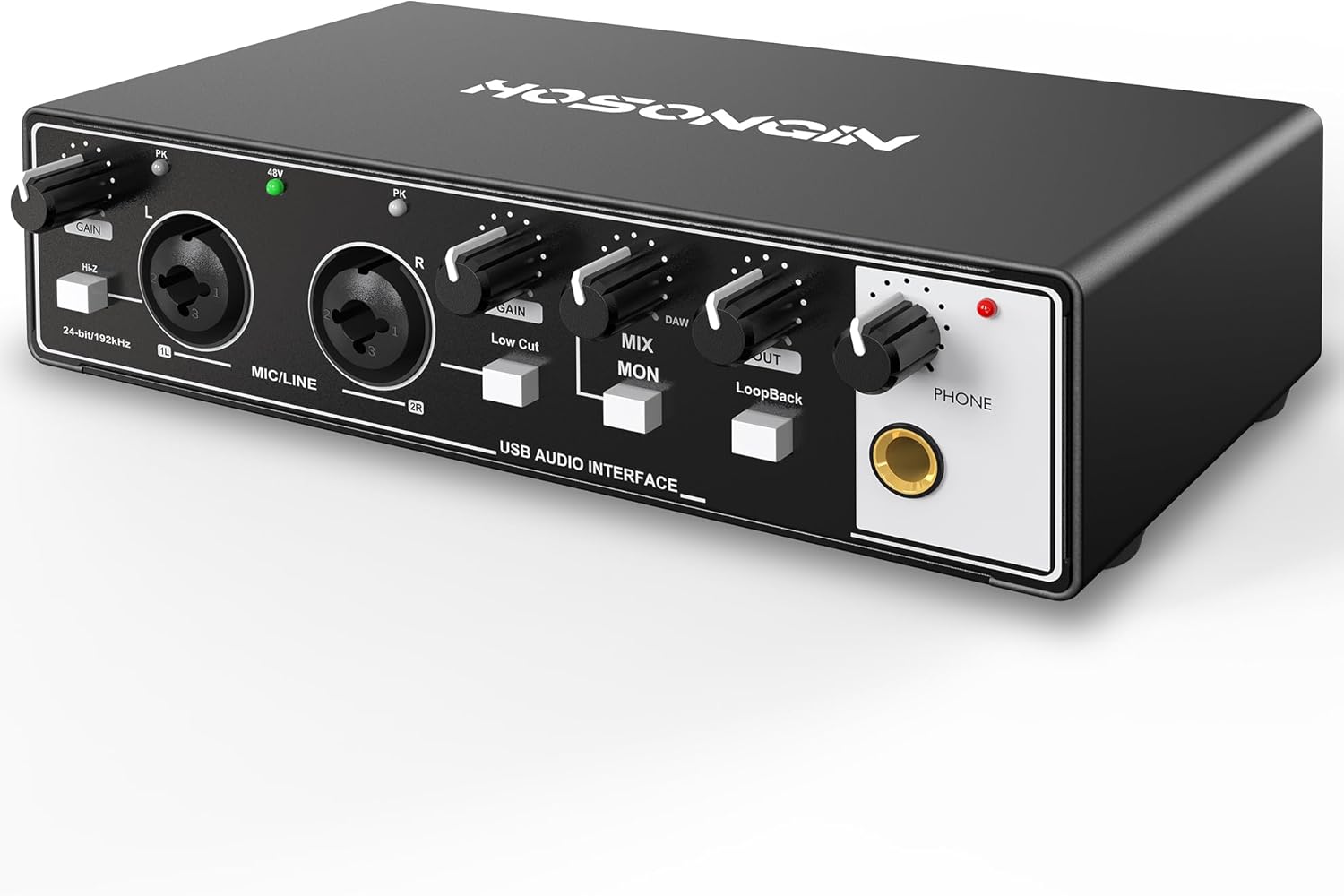 HOSONGIN USB Audio Interface for Beginners - 24Bit/192kHz, 48V Phantom Power, Plug & Play Recording for Podcast/Vocals/Guitar/Youtube, PC/Mac/iOS Compatible (Black Metal)