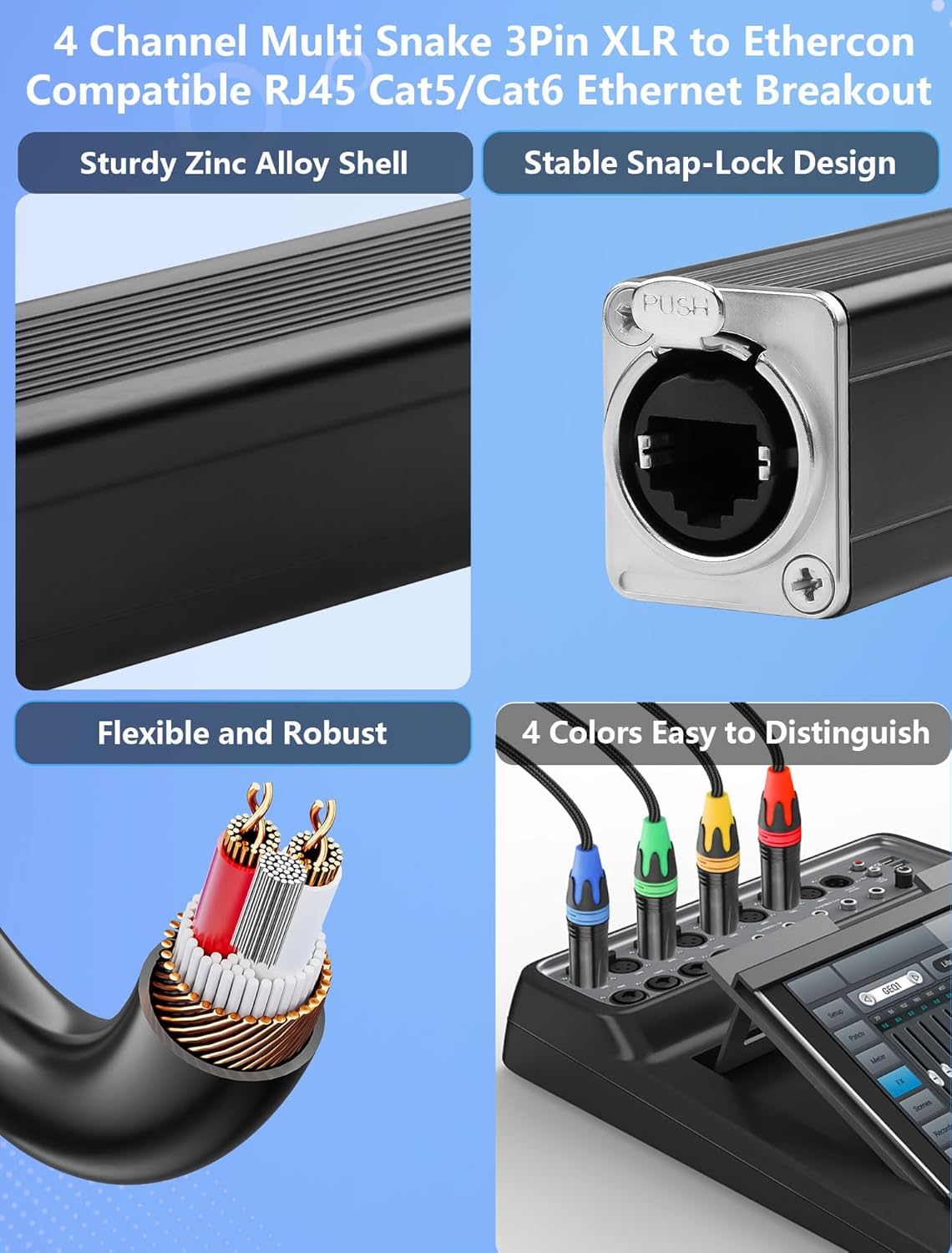 CERRXIAN 4 Channel Multi Snake 3Pin XLR to Ethercon-Compatible RJ45 Cat5/Cat6 Ethernet Breakout for ​Live Stage Audio, Sound, Lighting, Audio Recording Studio (1 Pair: Male&Female) - 2.6FT