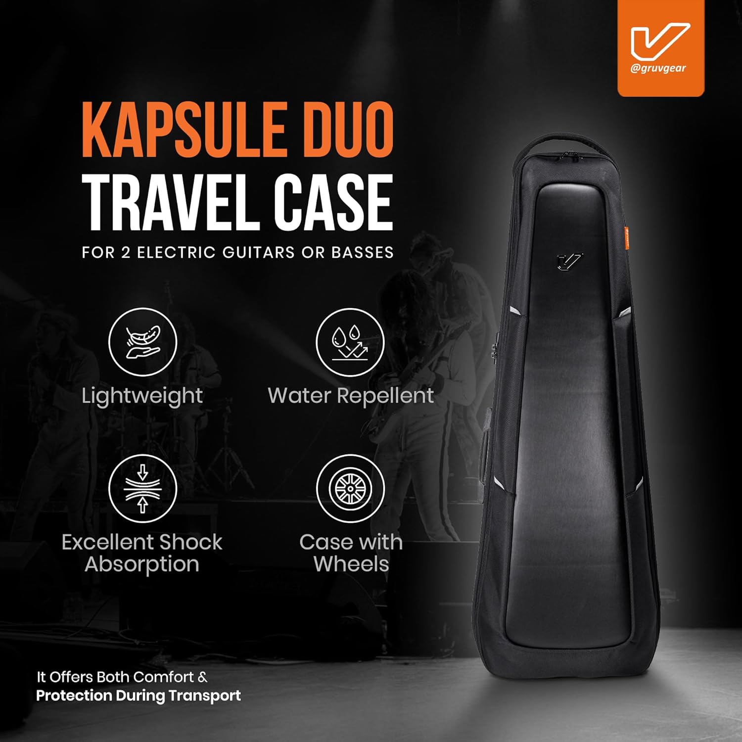 Gruv Gear Kapsule Duo Travel Case for 2 Electric Bass – Removable Wheels, Rugged ABS/PC Shell, Large Gear Pocket & Padded Shoulder Straps – Gig Bag with Global Recovery Tag – Black