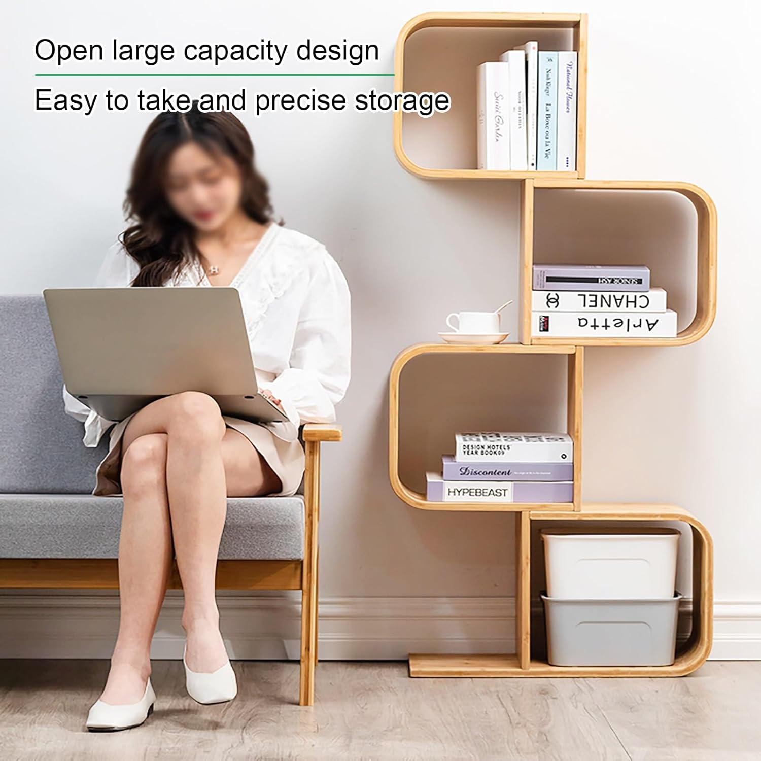 Bamboo Bookshelf with Open Cubes, Geometric Corner Bookcase, Decorative Storage Organizer, Floor Storage Display Shelf Rack for Living Room, Home Office(99cm/39in)