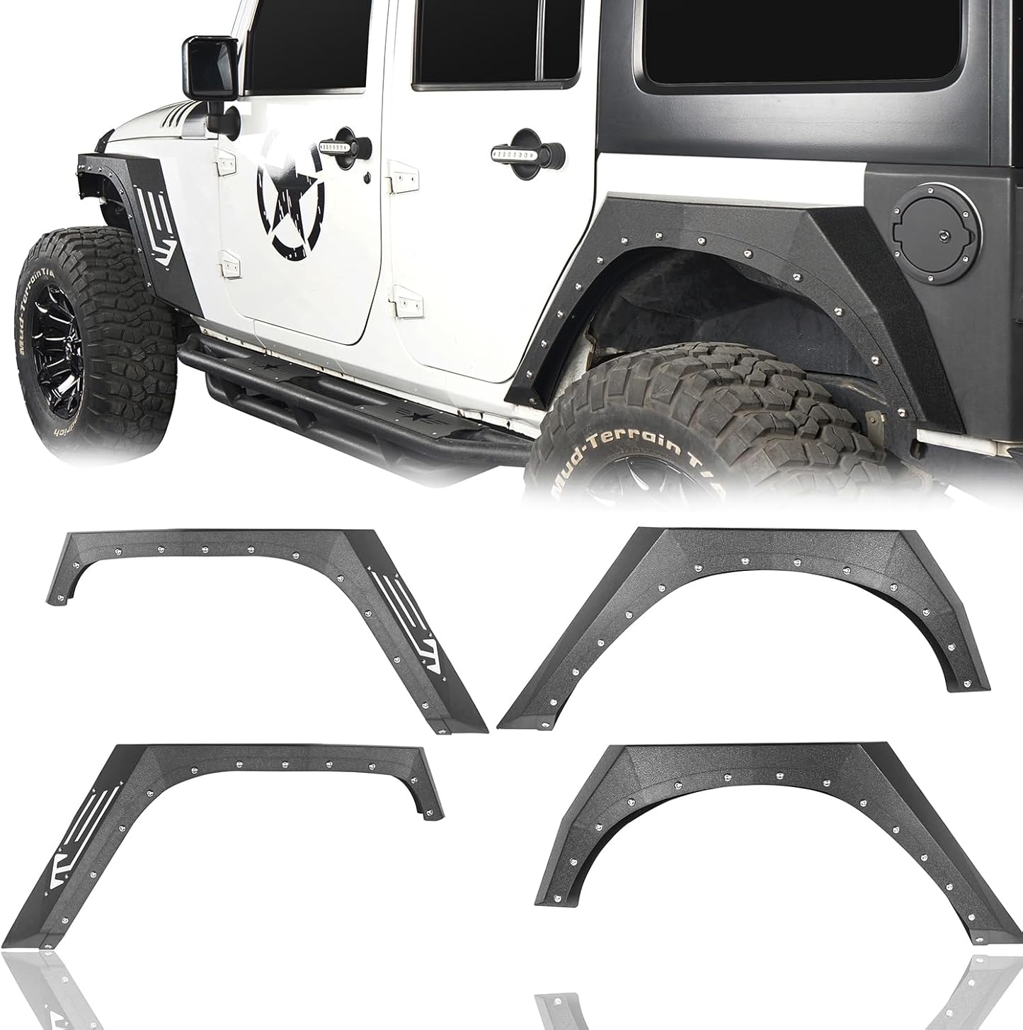 Hooke Road JK Front + Rear Steel Fender Flares Armor Style Mud Guards Compatible with 2007-2018 Jeep Wrangler JK - 4 PCS