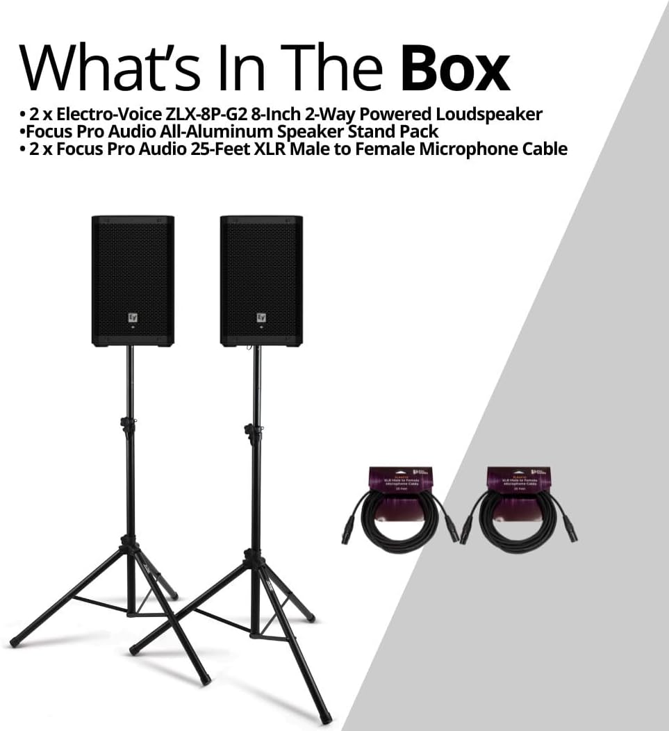 Electro-Voice ZLX-8P-G2 8-Inch 2-Way Powered Loudspeaker with Bluetooth (Black, 2-Pack) Bundle with All-Aluminum Speaker Stand Pack and 25-Feet XLR Male to Female Microphone Cable (2-Pack) (5 Items)