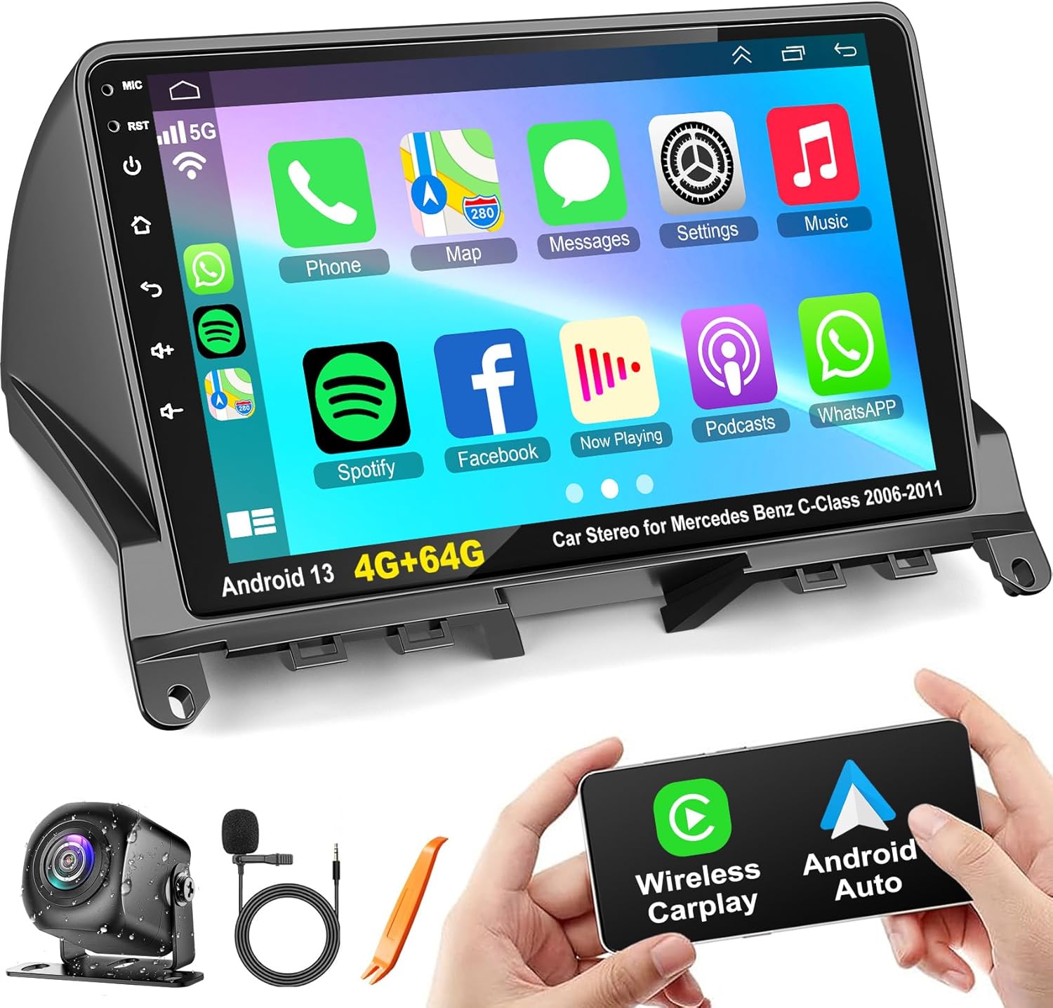 4G+64G Android 13 Car Radio Stereo with Wireless Carplay Android auto for Mercedes Benz C-Class C180 C200 C230 C250 C300 C350 W204 S204 2006-2011, 9'' QLED Touch Screen GPS WiFi 8 Core Head Unit
