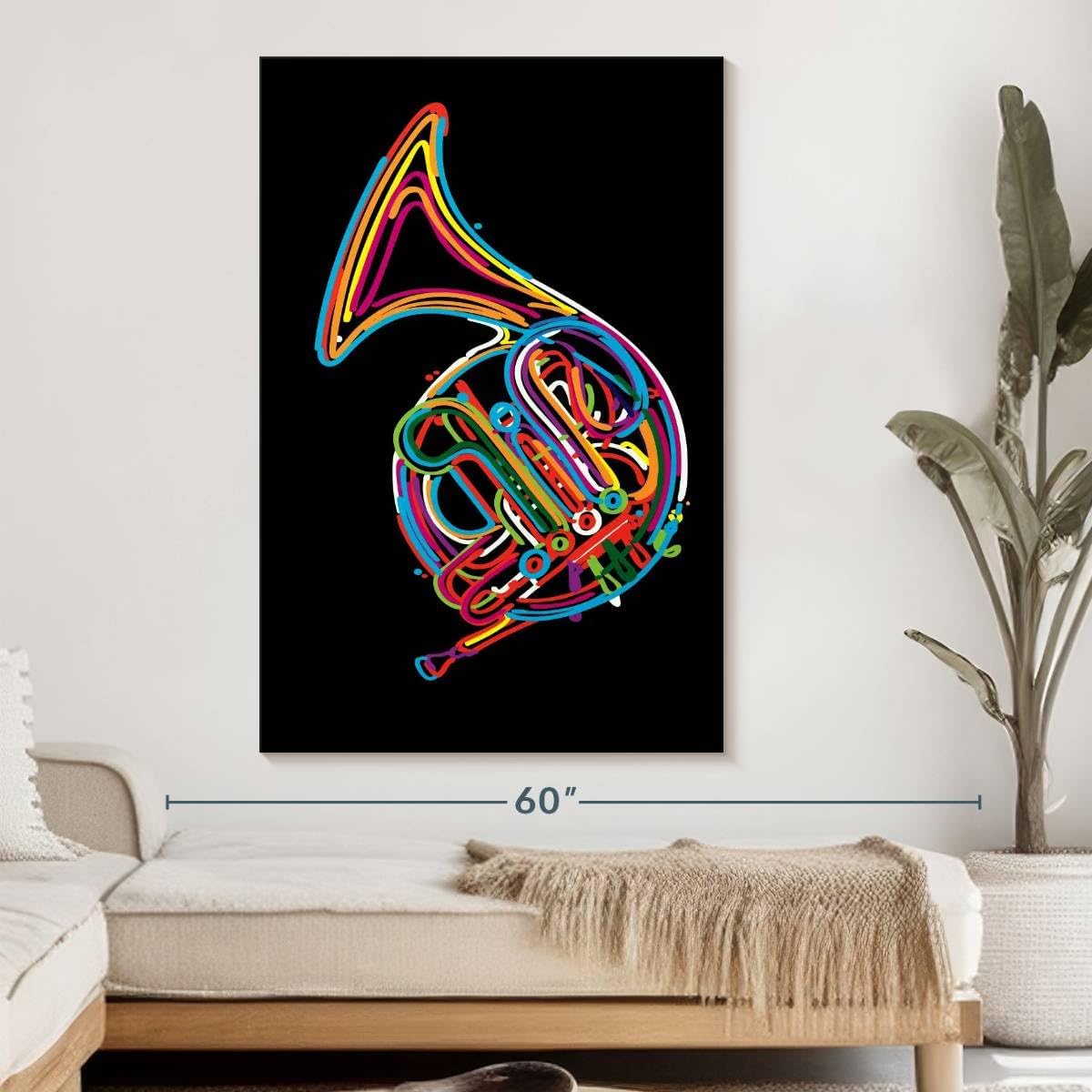 ElephantStock - French Horn In Colors Wall Art - Vertical Canvas Wall Art - Living Room Wall Decor - Digital Art Music Canvas Art - Black And Turquoise Decor - 34