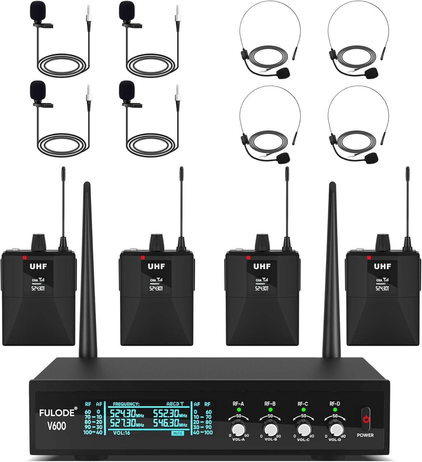Lapel Microphones 4 Channel UHF Wireless Microphone System with 4 Lavalier 4 Headset Mics, Metal Receiver for Singing Meeting Church Wedding Event TV Speaker (4 Bodypack, 262ft Range)