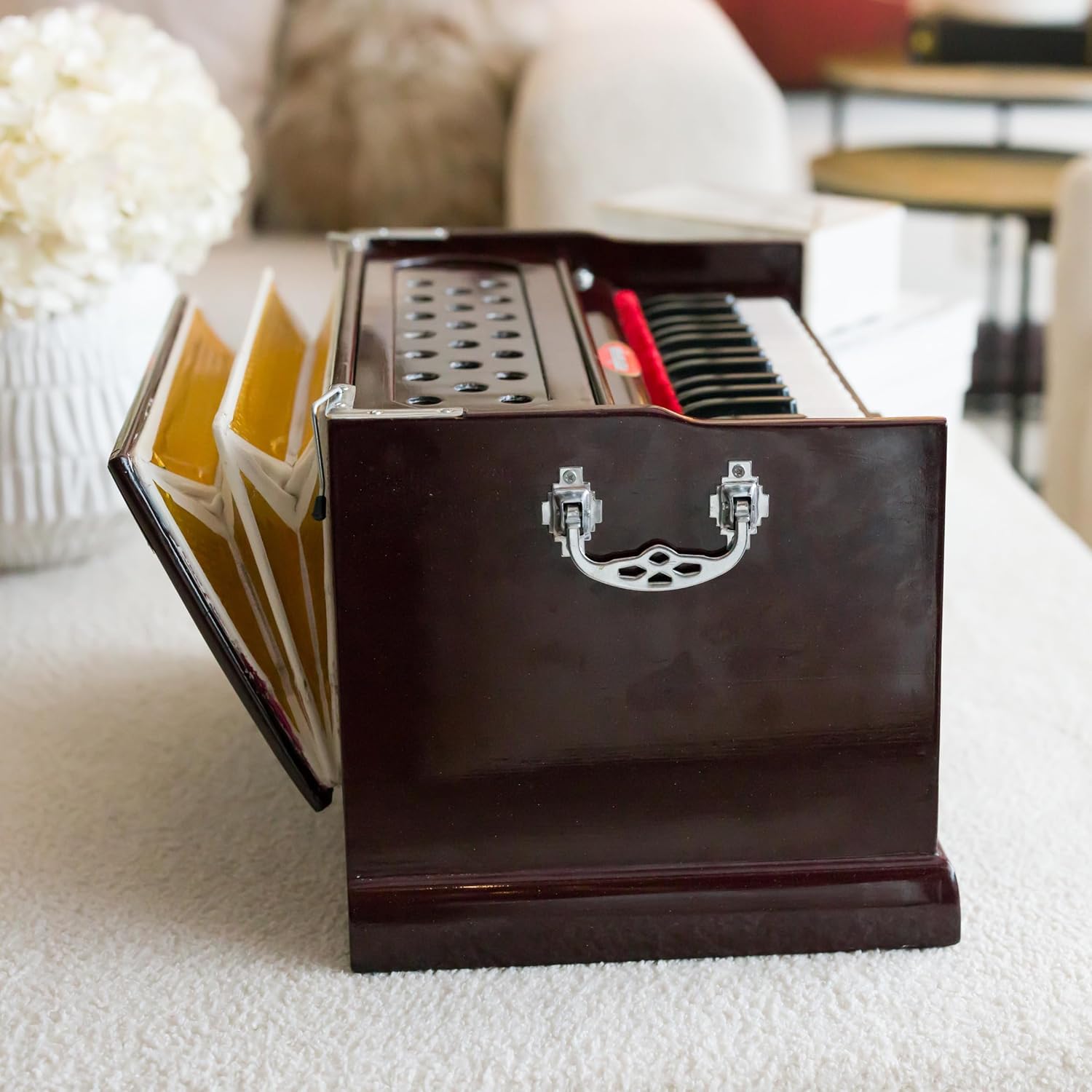 Portable Harmonium, Maharaja Musicals, Small, 2 1/4 Octaves Saptak, Dark Mahogany Color, 3 Fold Bellow, 17x10x10 Inch, Handle, Bag, Kirtan Yoga Companion, Handmade Harmonium Instrument-PH2