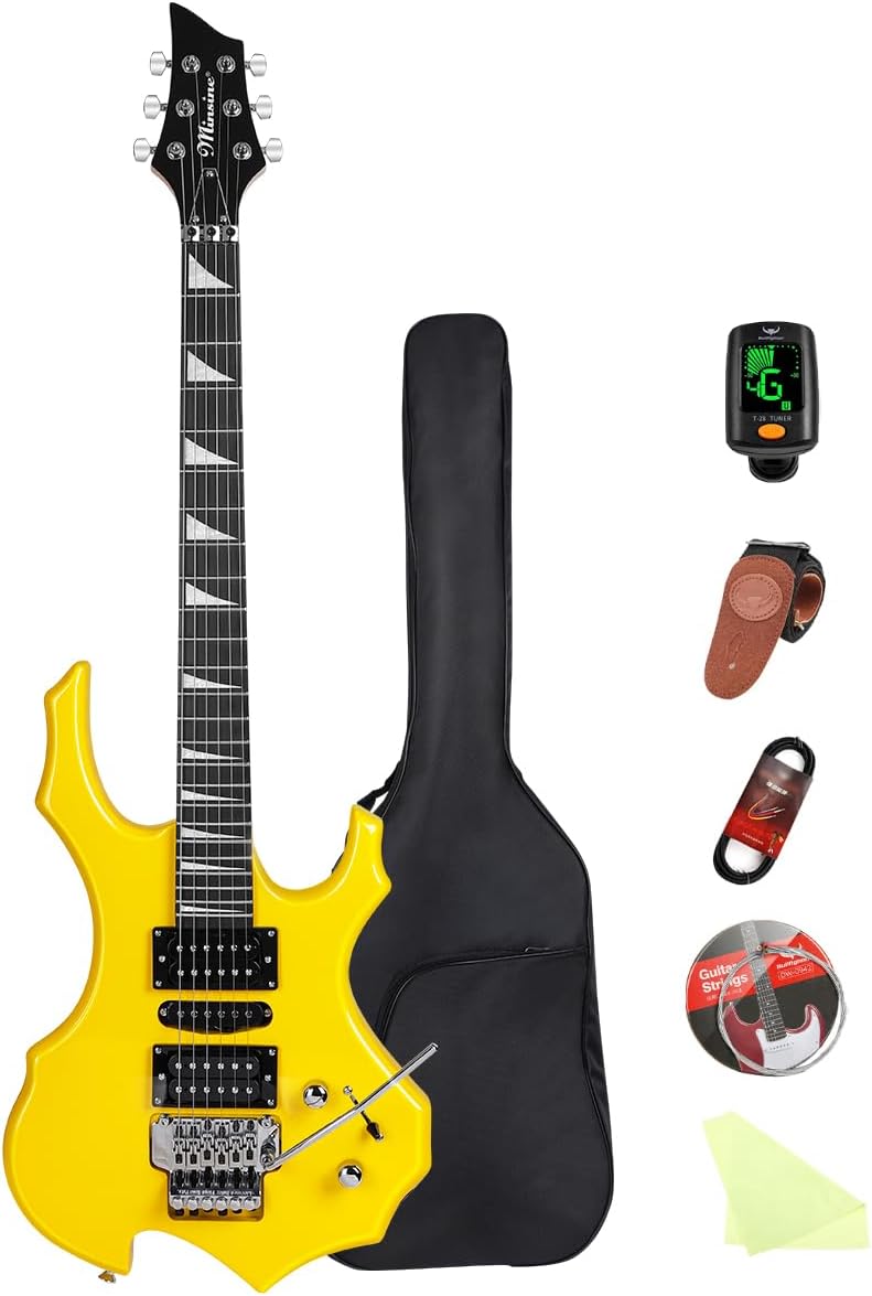 Electric Guitar Kit Flame Design with Rosewood Fretboard, Tremolo Bridge, HSH Pickups – Perfect for Beginners & Pros Solid Body Guitar MS200 (Yellow)
