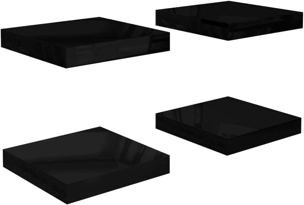 Floating Shelves Set of 4 High Gloss Black MDF 9.3 x 9.1 x 1.5 in Modern Square Wall Mount Display for Living Room Bedroom Office