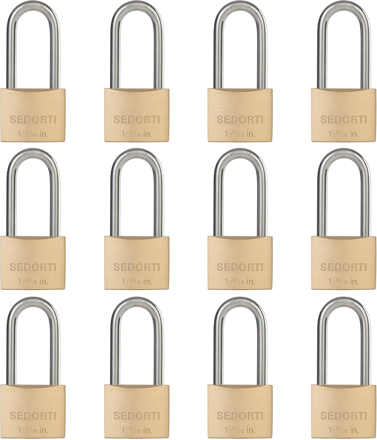 Weatherproof Padlock with Stainless Steel 304 Long Shackle and Solid Brass Body, 1-9/16 in. Wide, 12 Padlocks Keyed Alike, Marine Grade Rustproof Lock for Outdoors Use YNBSP1240