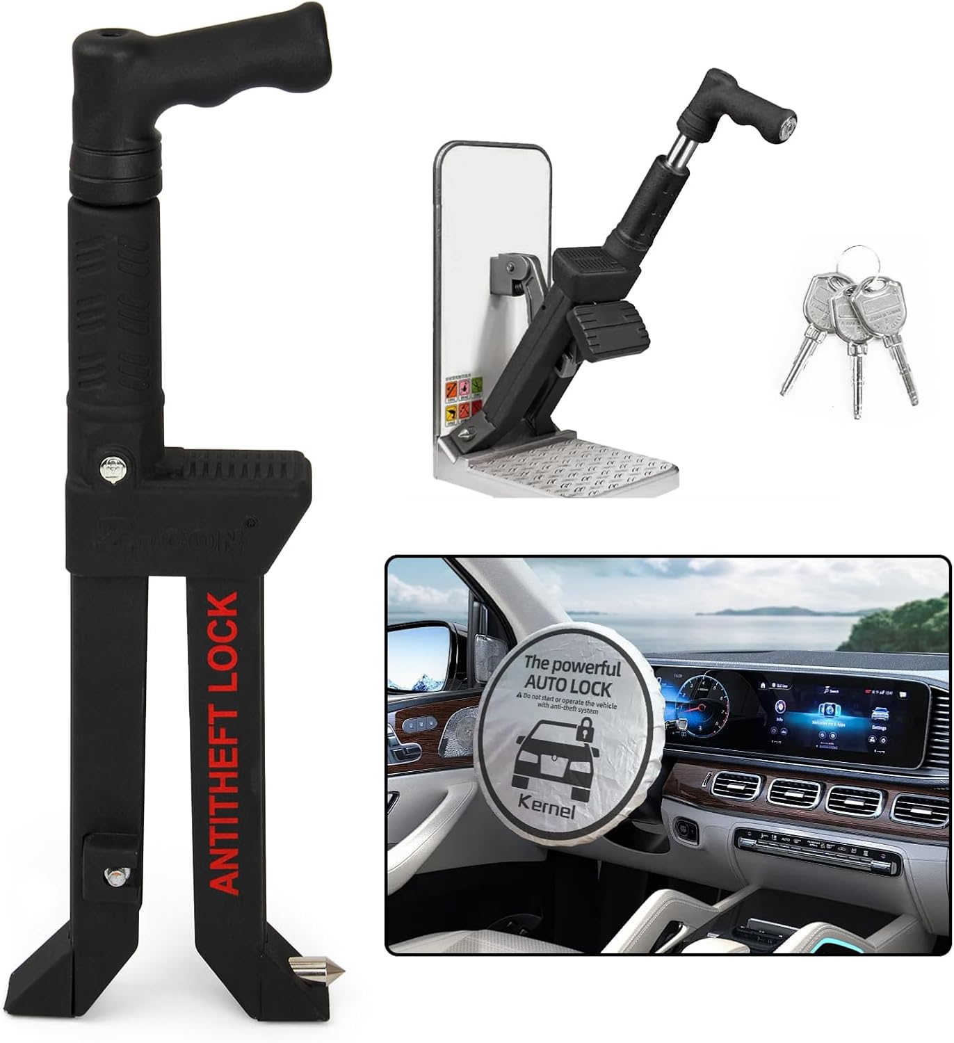Brake Pedal Lock, Anti Theft Car Device, Brake or Clutch Pedal Deadbolt Lock, Vehicle Anti Theft System with Steering Wheel Sunshade for Cars, Trucks, SUV's, Van Security with 3 Keys