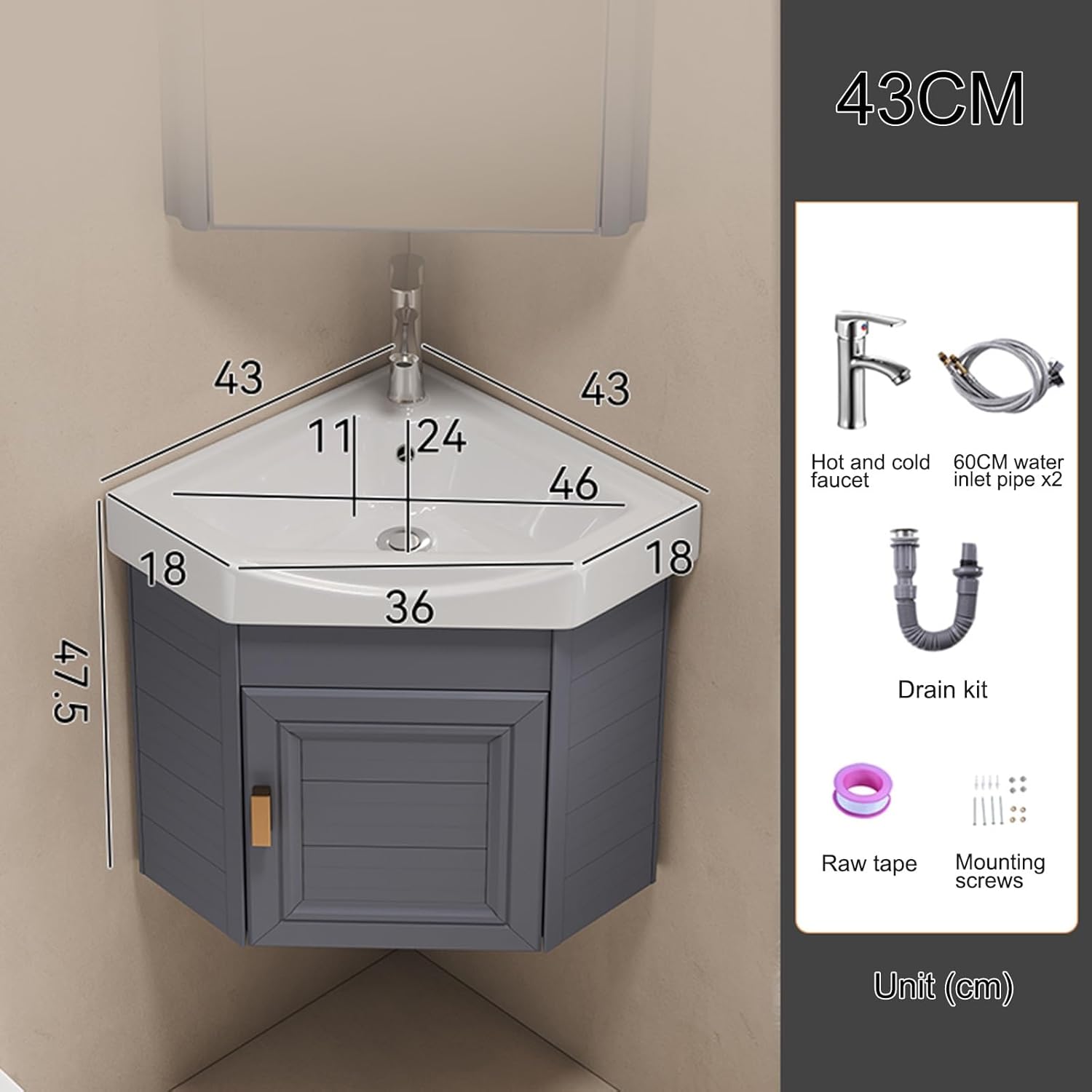 Small Wall Mount Corner Sink, Corner Pedestal Sink, Ceramic Sink, with Drain Kit, for Bathroom, Laundry Room, Living Room, Balcony (Grey 43CM)