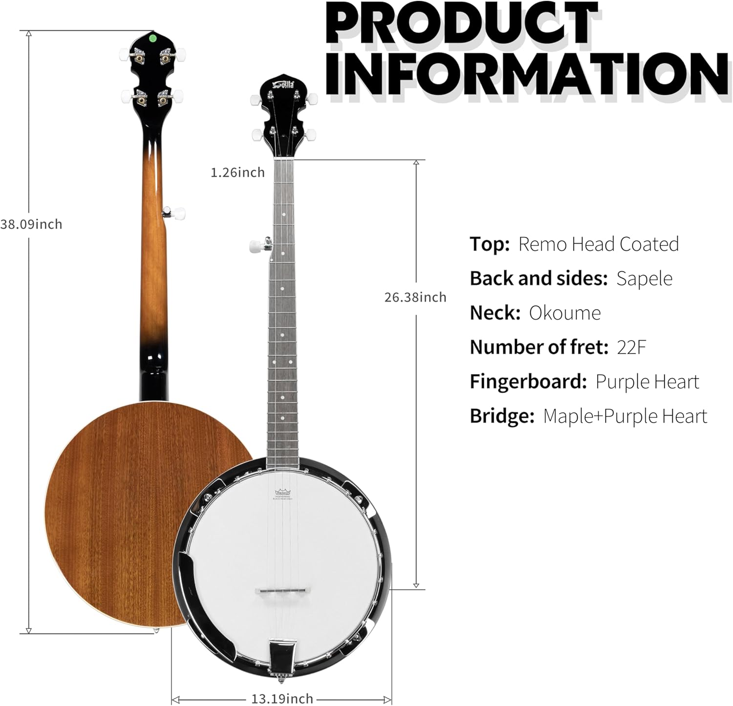 5 String Full Size Banjo Solid Back with beginner Kit Remo Head Coated Top Sapele Body Material Sapele Back Material Type Okoume Neck Material Type