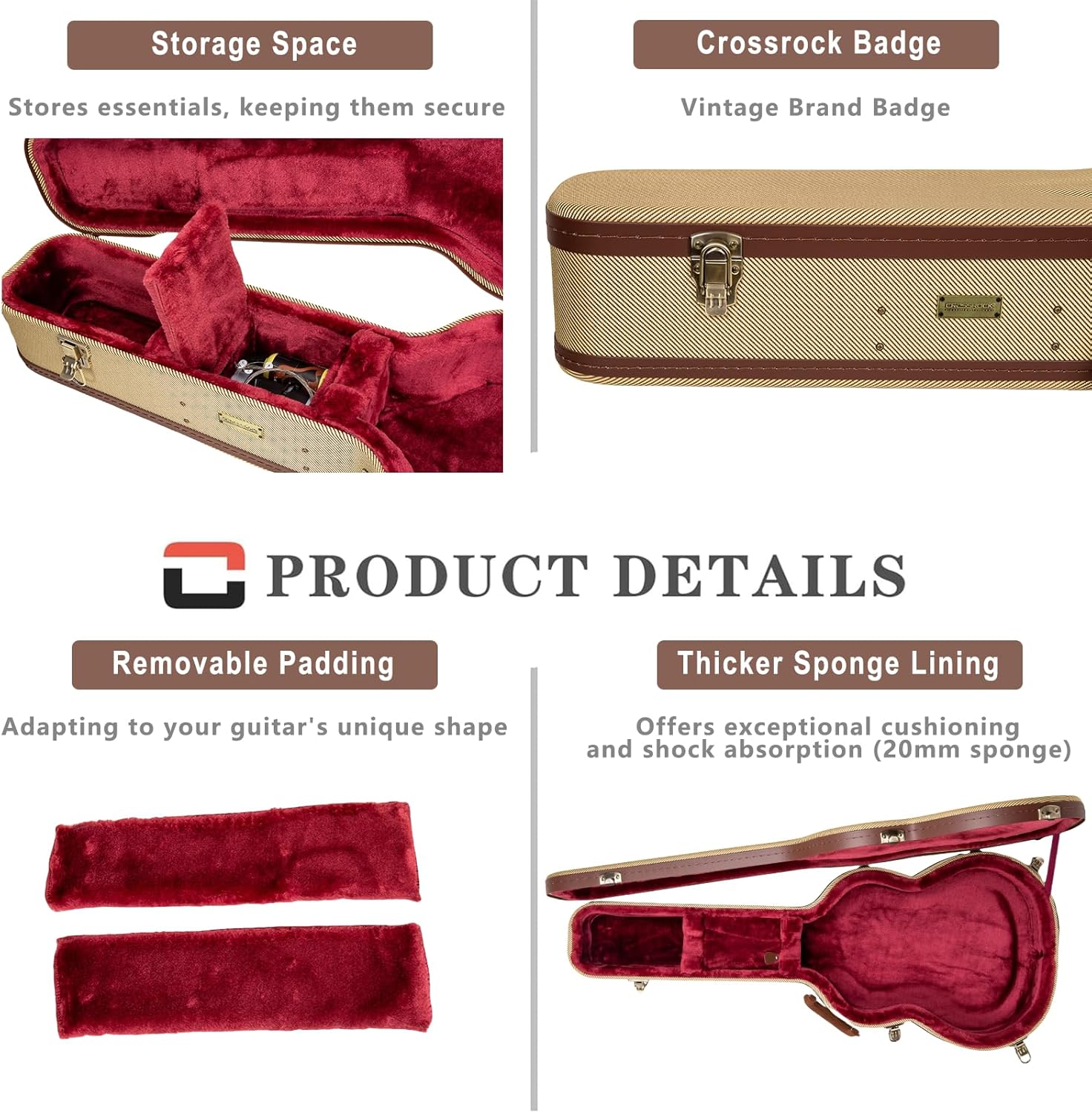 Crossrock Master Series SG Electric Guitar Case | Classic Fabric Tweed Exterior, Re-Engineered Wooden Shell, Leather Handle(CRW720SGFT)