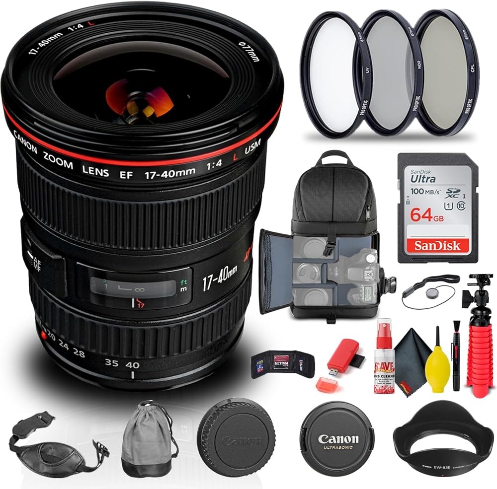 Canon EF 17-40mm f/4L USM Lens (8806A002) + Filter Kit + Backpack + 64GB Card + Card Reader + Flex Tripod + Memory Wallet + Cap Keeper + Cleaning Kit + Hand Strap + More (Renewed)