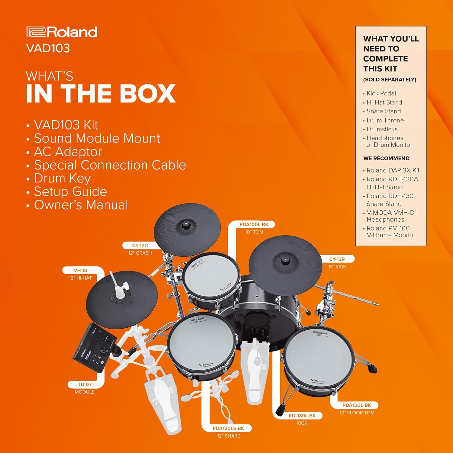 Roland VAD103 V-Drums | Premium 4-Piece Electronic Acoustic Design Drum Kit with Shallow-Depth Shells