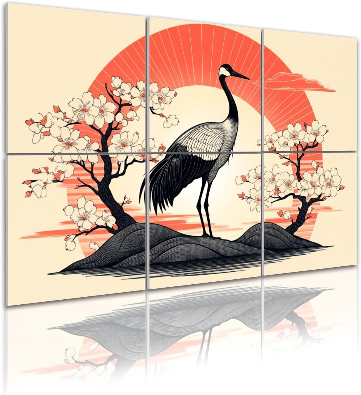 6 Pack Art Acoustic Panels Self Adhesive Elegant Crane Bird Blossoming Cherry Trees Red Sunburst Decorative Soundproof Wall Panels Sound Absorbing Panel 48