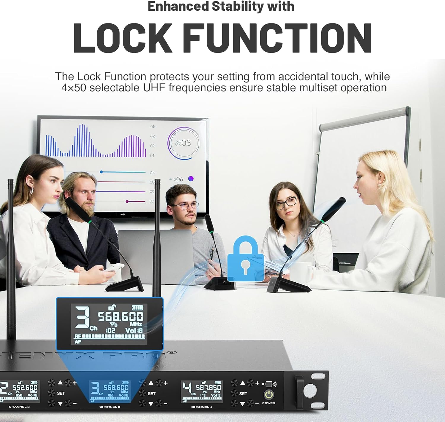 Phenyx Pro Wireless Conference Microphone System, Quad Channel Wireless Podium Microphone, 4x50 UHF Frequencies, Auto Scan, 4 Gooseneck Mics for Lecture, Church, Conference, Public Speaking (PTC-4)