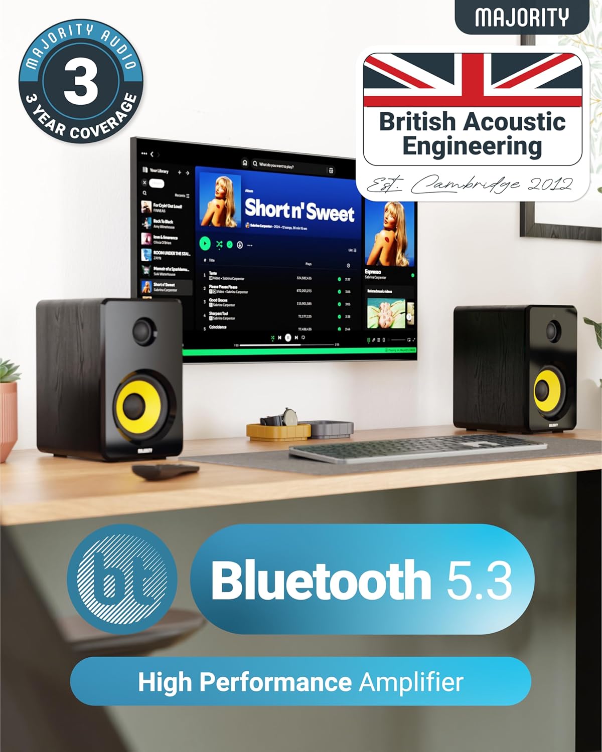 Majority Powered Bluetooth Bookshelf Speakers | Studio Monitors Speaker Set | 2.0 Home Studio Lecturers for PC & Turntables | Bluetooth Powered, Optical, USB & AUX Playback D40X
