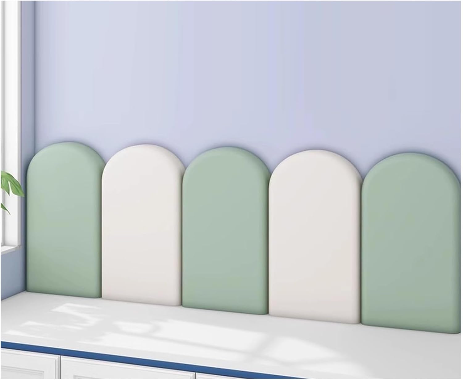 XPLKQXE Peel and Stick Upholstered Wall Panels, Wall Mount Upholstered Headboard, 3D Ant-i-Collision Wall Padding, Playroom Decorative Protection Wall Stickers(Green-B+White,180x60cm)