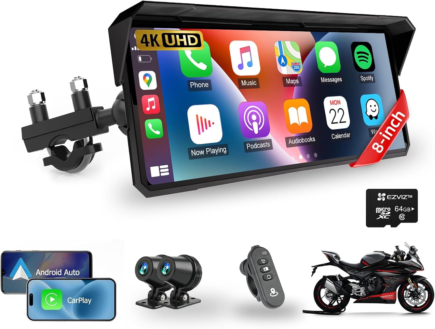 8.1 Inch Largest Motorcycle Carplay Screen 4K Dash Cam, IP67 Waterproof Carplay Motorcycles GPS Navigation Screen w Voice Assistant Dual Bluetooth Wired Controller TF-64G, Moto Android Auto