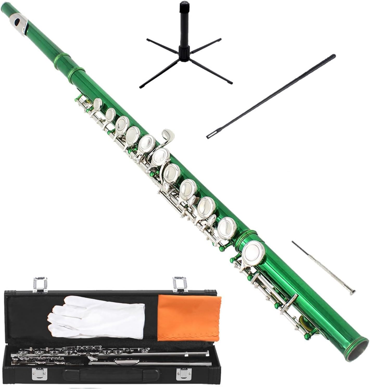 16 E Key C Nickel Plated Closed Hole Flute Silver Instrument(Green)