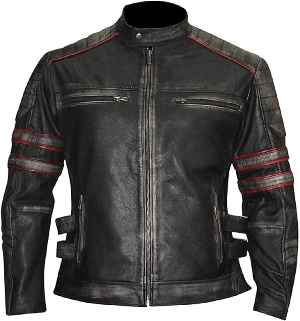 Mens Cafe Racer Motorcycle Retro Biker Distressed Black Vintage Leather Jacket