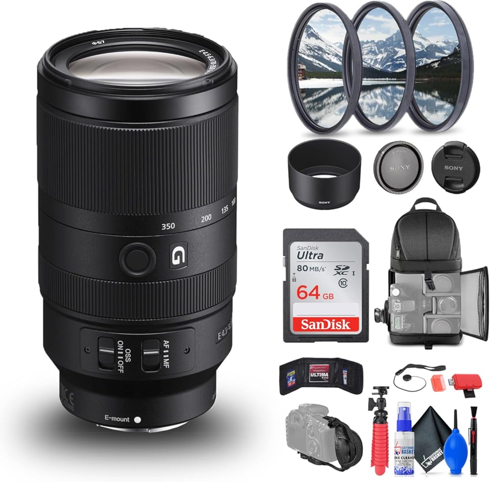 Sony E 70-350mm f/4.5-6.3 G OSS Lens (SEL70350G) + 64GB Memory Card + Filter Kit + Backpack + Card Reader + Flex Tripod + Memory Wallet + Cap Keeper + Cleaning Kit + Hand Strap (Renewed)