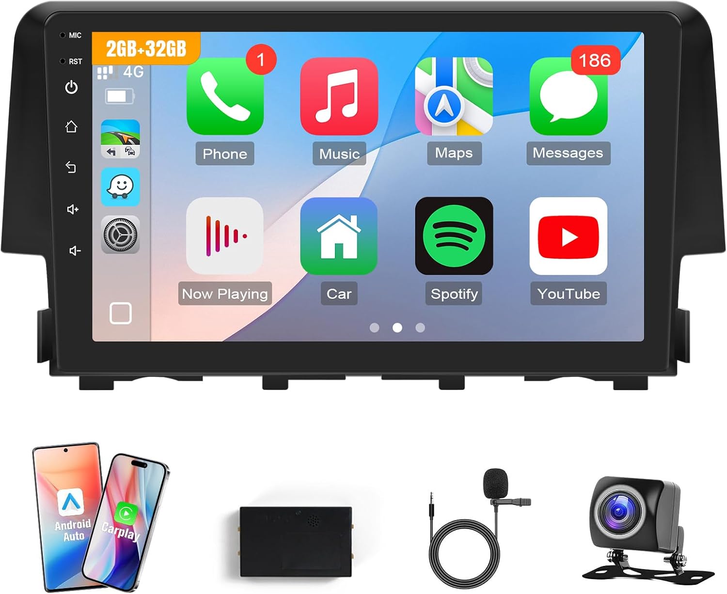 Car Stereo for Honda Civic 2016 2017 2018 2019 2020 2021, with Wireless CarPlay Android Auto, 9 Inches Screen with Bluetooth FM Backup Camera, 2G+32G (Style 1 Without J.B.L& Large Screen)