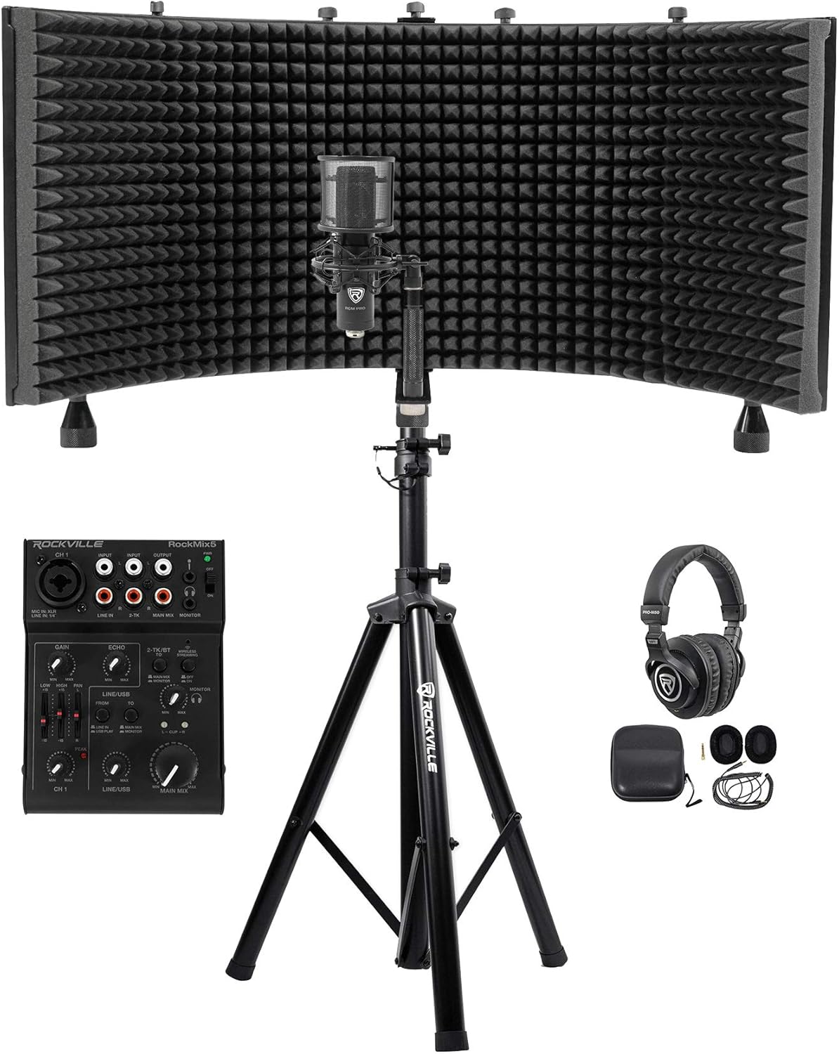 Rockville RockMix 5 Bundle: 5-Channel Pro Mixer with USB Interface, Bluetooth, ROCKSHIELD 3 Mic Isolation Shield, RVES05 Speaker Stand, RCM PRO Condenser Microphone, PRO-M50 Studio Headphones, 5 Items