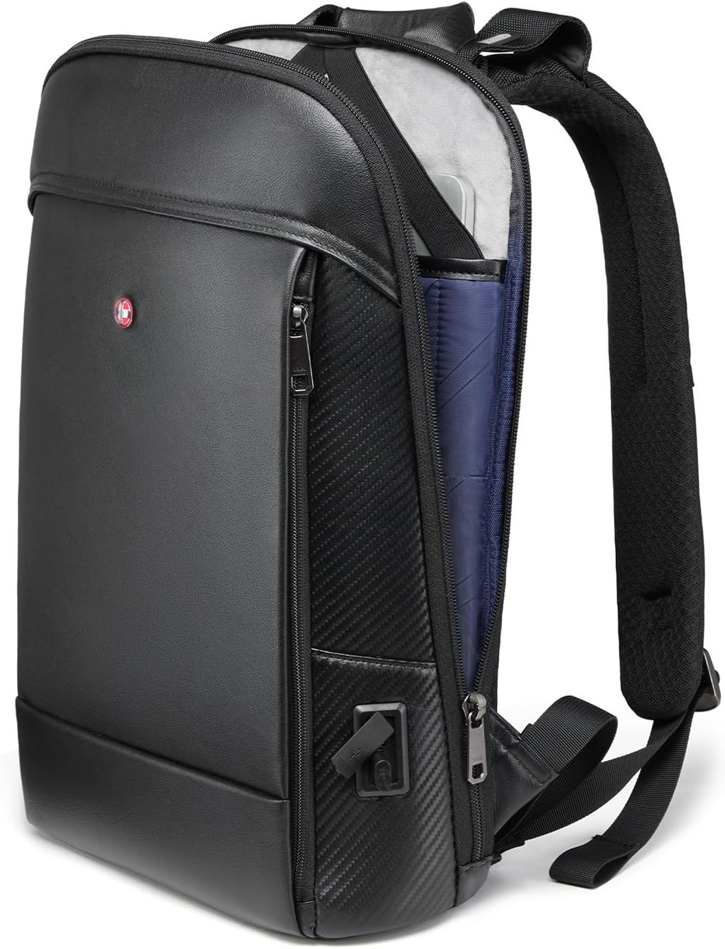 CROSSGEAR Full-Grain Genuine Leather Laptop Backpack, Slim Lightweight Backpack, USB Charging Port, 15.6 Inch Business Backpack for Work Office, Water Resistant, Computer Casual Daypack for Man, Black