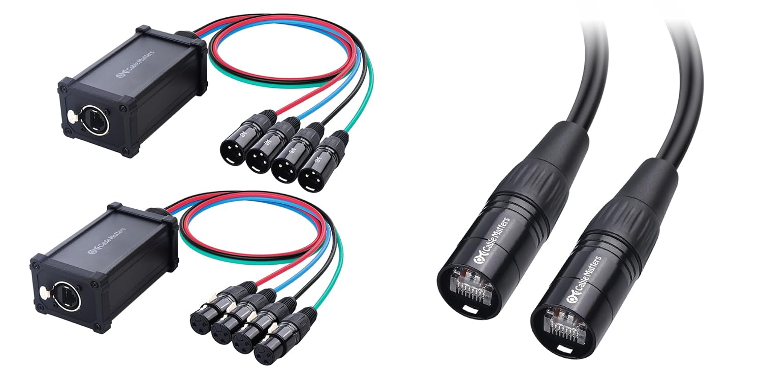 Cable Matters XLR Audio Over Ethernet Snake with 2 Boxes - 4X XLR Male Pigtail Box and Female Pigtail Box Black & hielded Cat6 Ethernet Cable Compatible with EtherCON RJ45 Connectors in Black - 50 ft