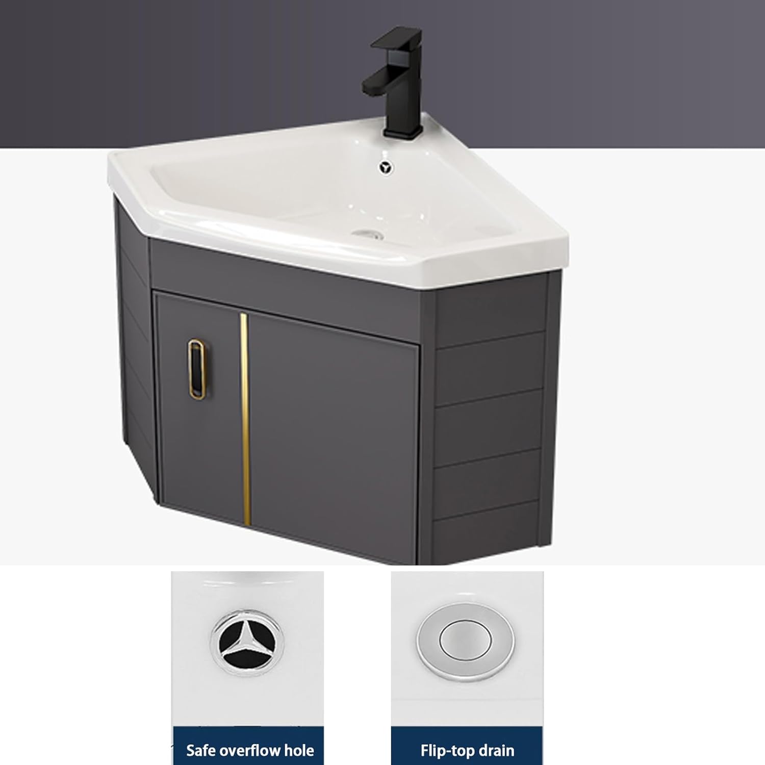 Corner Bathroom Sink, Triangle Wall Mount Corner Bathroom Vanity, Ceramic Wash Basin with Storage Container, Bathroom Sink Cabinets for Small Spaces(48cm/18.8in)