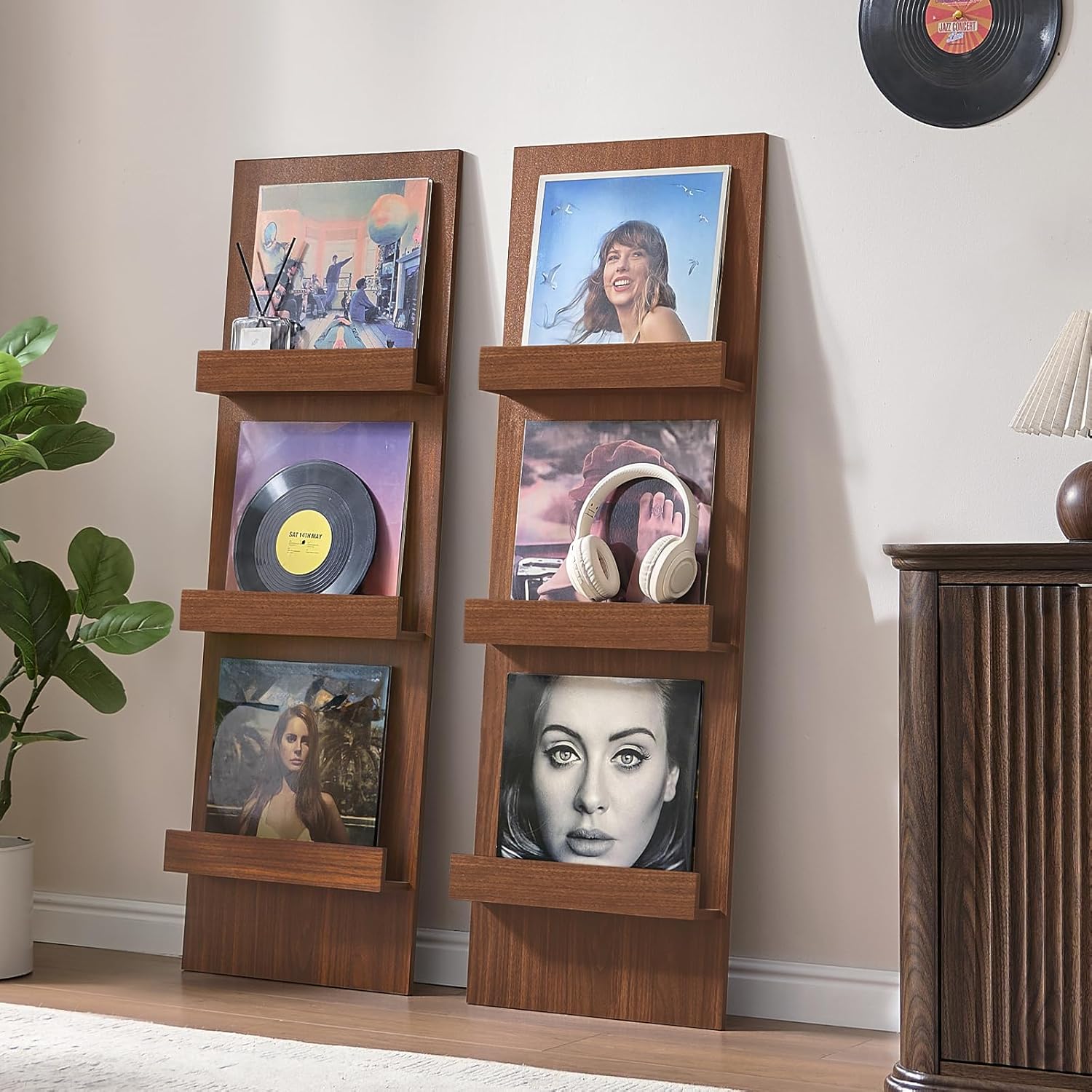 LELELINKY Wall Mount Vinyl Record Holder Set of 2 with 3 Tier Display Area, 47.5'' Tall Record Storage Magazine Holder, Book Shelf Holder Holds Up to 15 Vinyls Albums/CD for Music Room, Living Room