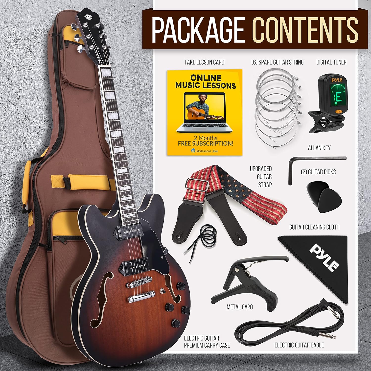 Pyle, Semi Hollow Electric Guitar ,Electric Guitar Kit ,Jazz Style, 6 String w/ Gig Bag and Accessories, Full Size - 41.8