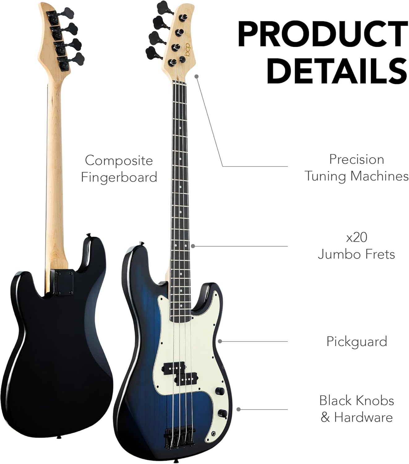 Best Choice Products Full Size Beginner 4-String Electric Bass Guitar, Wooden PB-Style Bass Starter Set w/Padded Carrying Case - Hollywood Blue/Mint