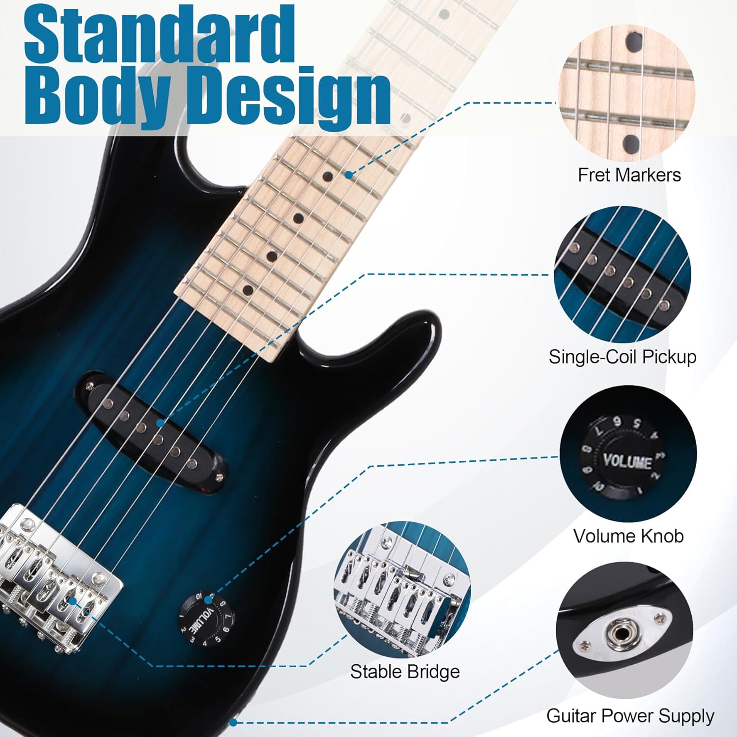 Smartxchoices 30 Inch Electric Guitar, Starter Kit for Kids with Amplifier,Picks, Gig Bag, Shoulder Strap, Cable & Accessory Kit,Solid Wood Body, Blue