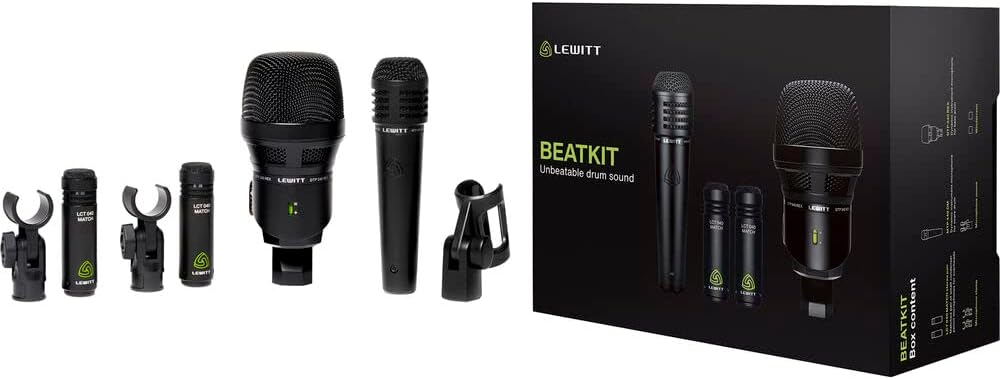 Lewitt BEATKIT Drum Mic Package for Kick, Snare, and Matched Overheads Bundle with 4x Auray MS-5220T Tripod Mic Stand and 4x XLR-XLR Cables
