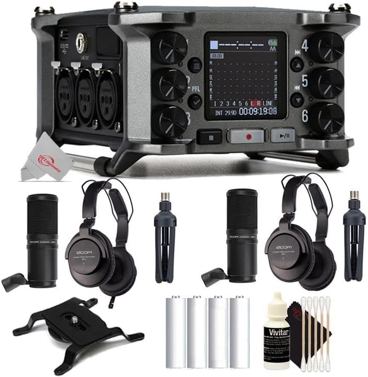 Zoom F6 6-Input / 14-Track Multi-Track Field Recorder + Two Zoom ZDM-1 Podcast Mic Pack Accessory Bundle + Cleaning Kit