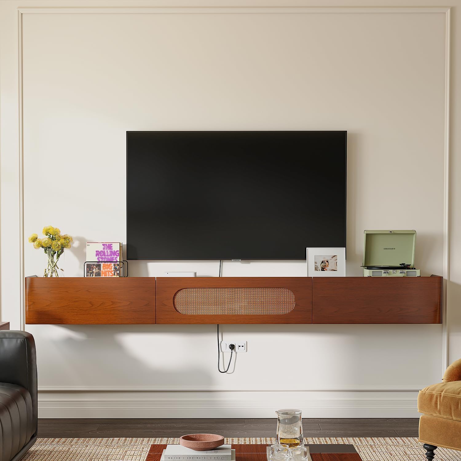 FurniNova Fully Assembled Floating TV Stand Wall Mounted 94'',High Gloss Floating Media Console with 2 Drawers & Rattan Door, Under TV Shelf for Living Room Bedroom Entertainment Center,Walnut